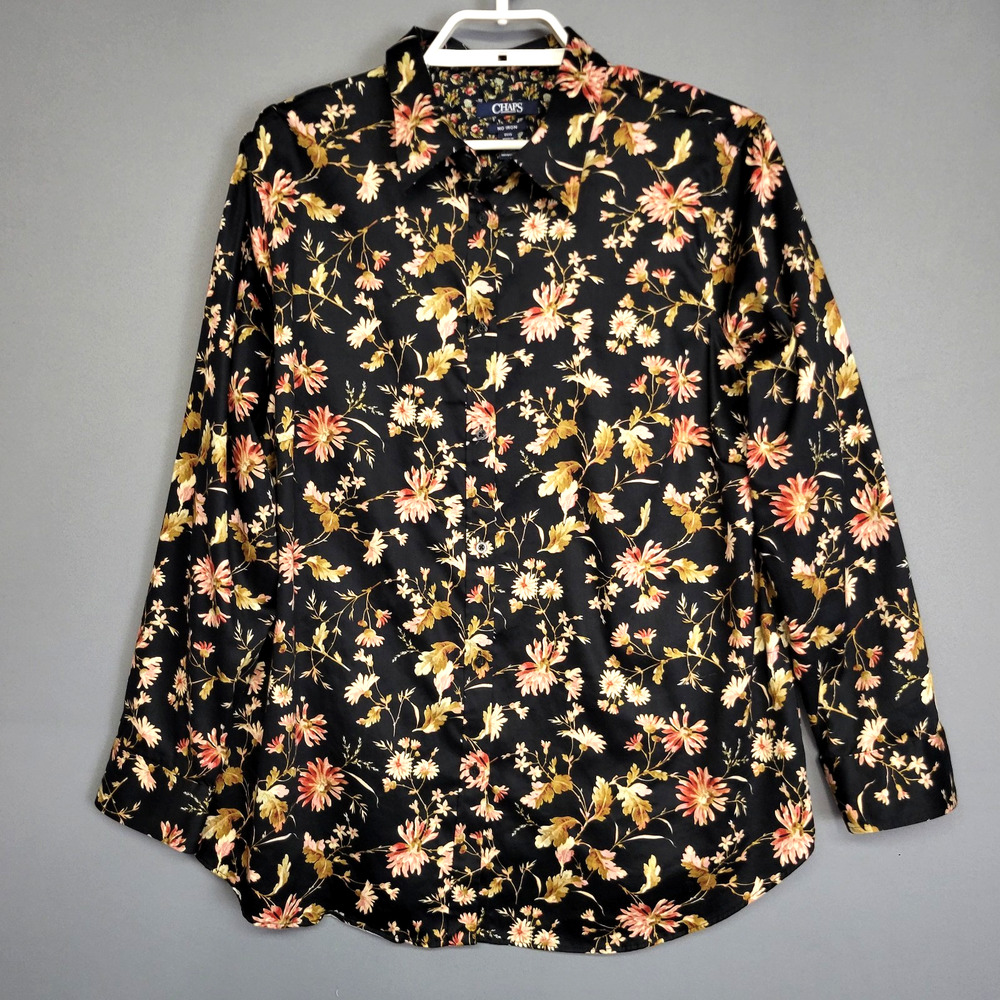 Chaps No Iron Top Womens 0X Button‎ Front Floral 100% Cotton Long Sleeves Collar